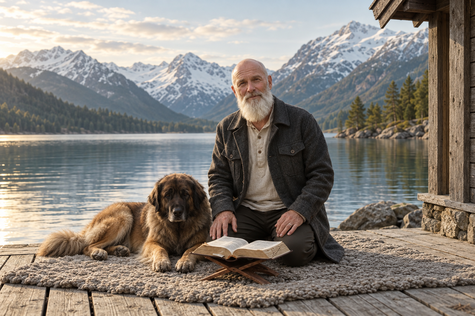 Lazarus kneeling with an open Bible beside his large brown dog on a peaceful alpine lakeside porch. AI-created image.